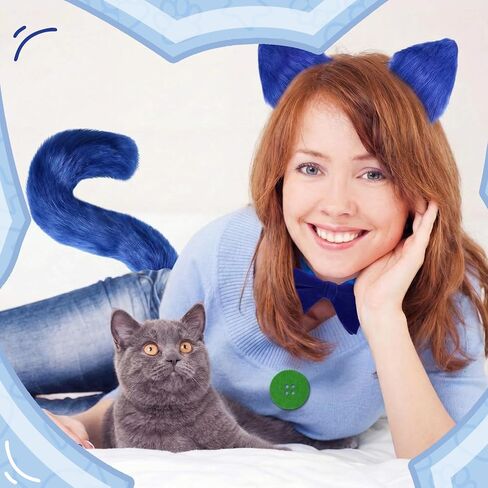 10 Pcs Blue Cat Costume Set Include Blue Cat Ear Headband Tail Bowtie with 6 Button Patches 1 Heart Shape Patch Felt Sticker for 100th Day of School Book Character Cosplay Halloween Dress up in Saudi Arabia