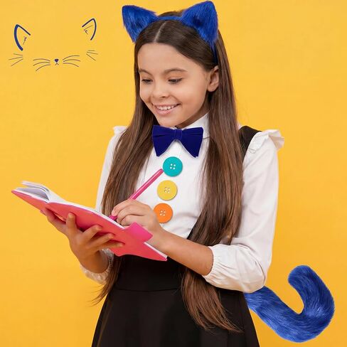 10 Pcs Blue Cat Costume Set Include Blue Cat Ear Headband Tail Bowtie with 6 Button Patches 1 Heart Shape Patch Felt Sticker for 100th Day of School Book Character Cosplay Halloween Dress up in Saudi Arabia