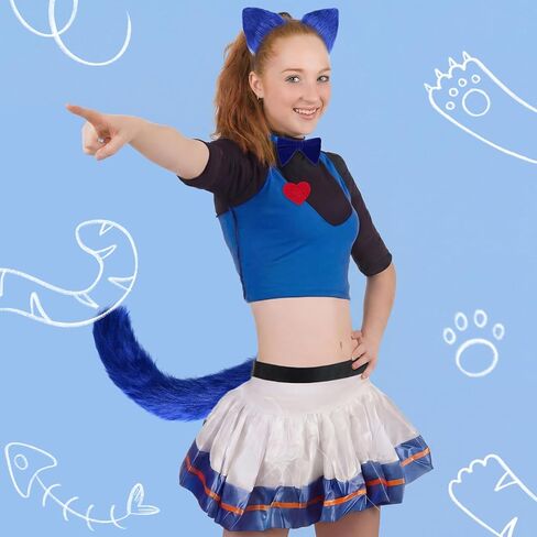 10 Pcs Blue Cat Costume Set Include Blue Cat Ear Headband Tail Bowtie with 6 Button Patches 1 Heart Shape Patch Felt Sticker for 100th Day of School Book Character Cosplay Halloween Dress up in Saudi Arabia