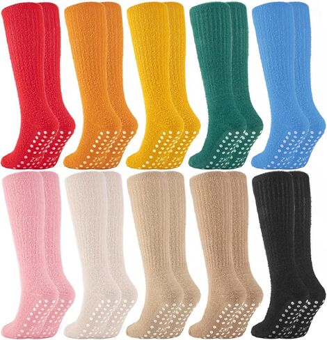 10 Pairs Non Slip Fuzzy Long Socks for Women With Grips Winter Warm Cozy Fluffy Hospital Slipper Socks in Saudi Arabia