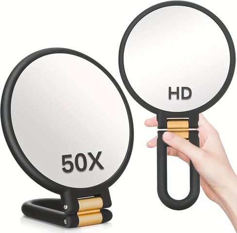 مرآة حديثة 3 في 1، عدسة مكبرة، أسود وذهبي، 24 سم / 9.45 بوصة، تكبير 50 ​​مرة، تصميم محمول / مثبت على الحائط / سطح الطاولة، مرآة مكياج مزدوجة الجوانب بمقبض قابل للتعديل 360 درجة in Kuwait
