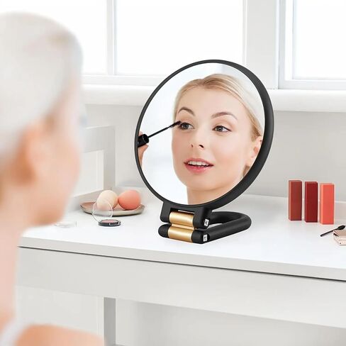 مرآة حديثة 3 في 1، عدسة مكبرة، أسود وذهبي، 24 سم / 9.45 بوصة، تكبير 50 ​​مرة، تصميم محمول / مثبت على الحائط / سطح الطاولة، مرآة مكياج مزدوجة الجوانب بمقبض قابل للتعديل 360 درجة in Kuwait