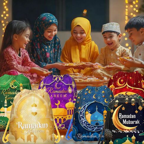 12 قطعة من حقائب رمضان برباط، حقائب تخزين غير منسوجة مثالية للسفر واللياقة البدنية والاستخدام اليومي بستة تصميمات in Saudi Arabia