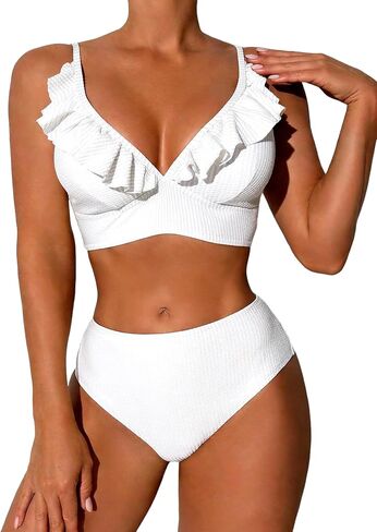 ZAFUL Women's Ruffle Bikini Sets High Waisted Striped V Neck High Cut Swimsuit Two Piece Bathing Suits in Saudi Arabia