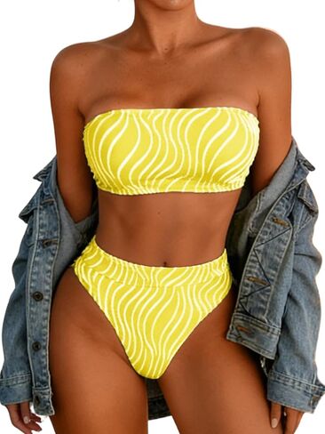 High Waisted Bikini Set, Textured Striped, Sexy Cheeky High Cut, Two Piece Bandeau Strapless Swimsuit for Women in Saudi Arabia