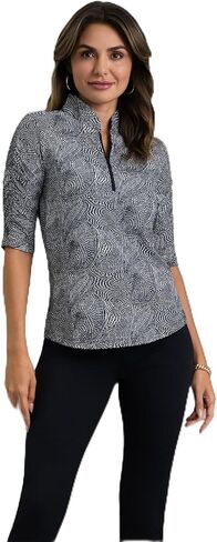 IBKUL UPF 50+ Sun Protection, Icefil Cooling, Moisture-Wicking Stephanie Ruched Elbow Sleeve Mandarin Collar Top in Saudi Arabia