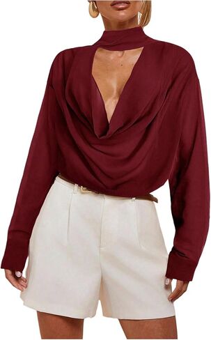 Women's Cowl Neck Sheer Mesh Blouses Long Sleeve Elegant Halter Blouses Tops with Scarf in Saudi Arabia