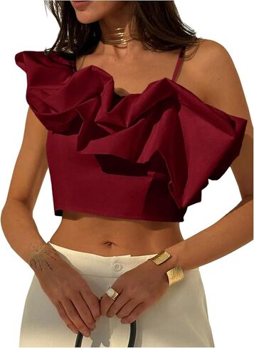 SHENHE Women's Cold Shoulder Sleeveless Blouses Dressy Zipper Back Puffy Date Night Crop Shirts in Saudi Arabia