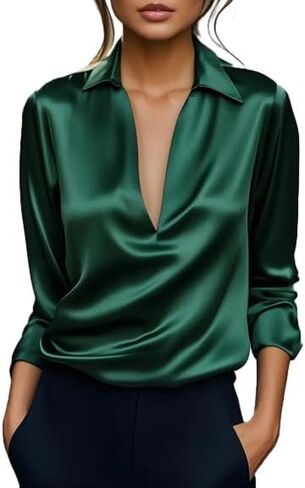 Women's Collared v Neck Satin Blouse Long Sleeve Sheer Stripe mesh Bubble Sleeve Slim Elegant top Work Daily wear in Saudi Arabia