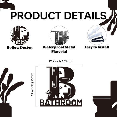 Jasscare Metal Bathroom Wall Decor, Metal Sign - Funny Bathroom Art for Modern Farmhouse, Rustic Matte Black Wall Hanging Decor, Home Hanging Decoration (Black - 12 x 11inch) in Saudi Arabia