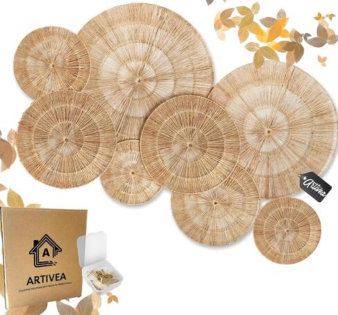 ARTIVEA Extra Large 21 Inch boho woven basket wall decor set of 7 | hanging woven boho wall baskets decor set (21, 19, 15, 15, 12, 12, 9) | decorative wall baskets decor | wicker basket wall decor in Kuwait