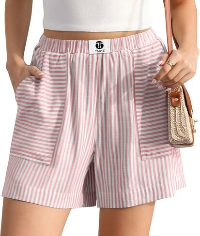 TARSE Womens Striped Shorts Elastic Waist Drawstring Summer Casual Beach Lounge Loose Fit Shorts with Pockets in Saudi Arabia