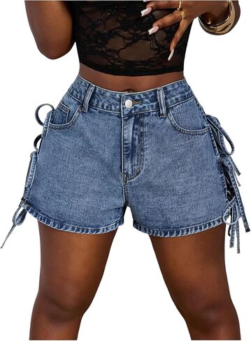 SHENHE Women's Denim Lace Up Shorts Casual High Waisted Jean Y2k Summer Mini Shorts with Pockets in Saudi Arabia