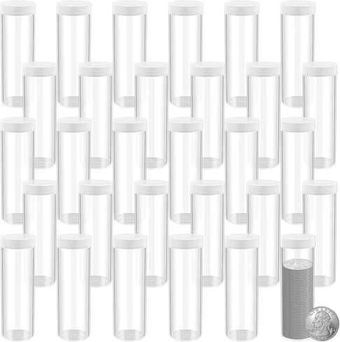 30 Pcs Quarter Tubes for Coins, Clear Plastic Coin Tubes, Quarter Coin Storage Tube Holders with Screw on Lid, Quarter Storage Holders for Coins Collection Supplies in Kuwait