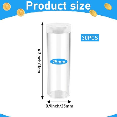 30 Pcs Quarter Tubes for Coins, Clear Plastic Coin Tubes, Quarter Coin Storage Tube Holders with Screw on Lid, Quarter Storage Holders for Coins Collection Supplies in Kuwait