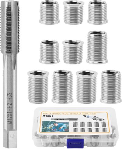 مجموعة إصلاح خيط قابس الإشعال، M10x1.0 Bolt M12x1.0 Tap طقم إصلاح من الفولاذ المقاوم للصدأ لأدوات إصلاح رأس أسطوانة محرك السيارات (اللون: فضي) in Kuwait