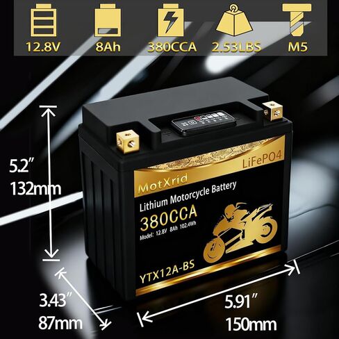 YTX12A-BS 380A Lithium LiFePO4 Motorcycle Battery, 12.8V 8AH, Fits for ATV,UTV,Jet Ski,PWC,Scooter,Lawn Mower,Tractor,Snowmobile,Smart BMS,Digital Readout,3X Cranking Amps,5X Life in Saudi Arabia