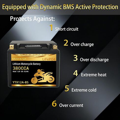 YTX12A-BS 380A Lithium LiFePO4 Motorcycle Battery, 12.8V 8AH, Fits for ATV,UTV,Jet Ski,PWC,Scooter,Lawn Mower,Tractor,Snowmobile,Smart BMS,Digital Readout,3X Cranking Amps,5X Life in Saudi Arabia