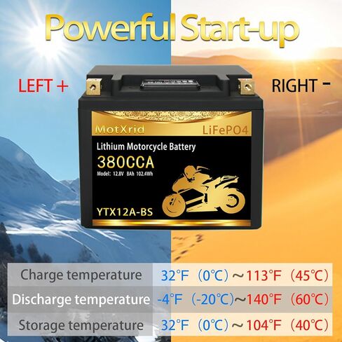 YTX12A-BS 380A Lithium LiFePO4 Motorcycle Battery, 12.8V 8AH, Fits for ATV,UTV,Jet Ski,PWC,Scooter,Lawn Mower,Tractor,Snowmobile,Smart BMS,Digital Readout,3X Cranking Amps,5X Life in Saudi Arabia