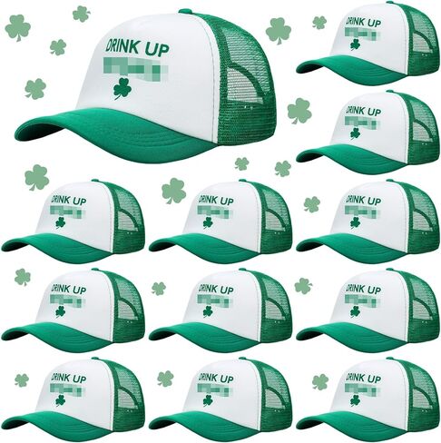 Jeyiour 12 Pcs St Patricks Day Trucker Hat Irish Green Shamrock Baseball Cap Adjustable Mesh Cotton Clover for Men Women(Green, White, Clover) in Saudi Arabia