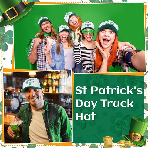 Jeyiour 12 Pcs St Patricks Day Trucker Hat Irish Green Shamrock Baseball Cap Adjustable Mesh Cotton Clover for Men Women(Green, White, Clover) in Saudi Arabia