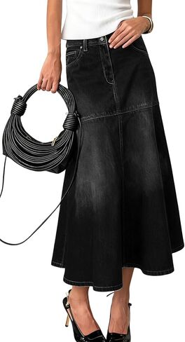 تنورة جينز نسائية أنيقة بطيات على شكل حرف A من chouyatou تنورة طويلة متوسطة الطول من قماش الدنيم بذيل السمكة in Kuwait