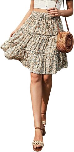 تنورة Floerns الصيفية النسائية بربطة أمامية مرنة بخصر عالٍ وطبقات مكشكشة in Kuwait