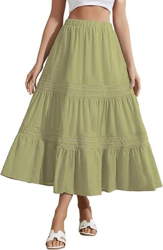 التنانير النسائية الطويلة 2026 الصيف بوهو مرونة عالية الخصر ألف خط تفريغ الدانتيل المتدرج تنورة ماكسي فلوي مع جيوب in Kuwait