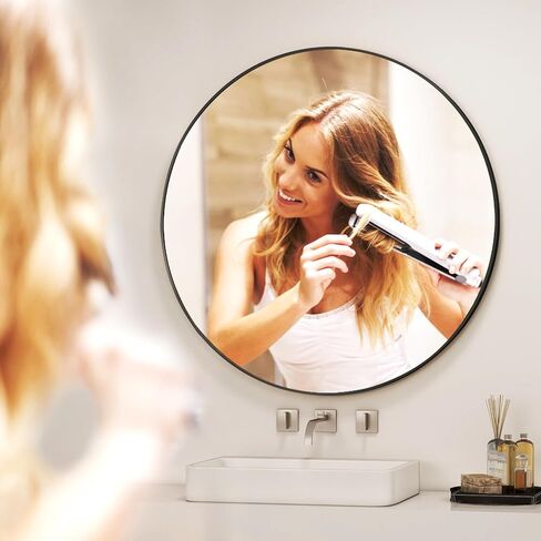 مرآة حمام مستديرة مقاس 42 بوصة - مرآة دائرية سوداء مثبتة على الحائط بإطار معدني، مرآة معلقة دائرية حديثة مناسبة للحمام والزينة والمدخل وغرفة المعيشة in Kuwait