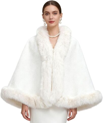 Luxury Women's Faux Fur Cape Poncho with, Hooded Poncho With Pom Pom Details, Plush Wool-Like Material in Saudi Arabia