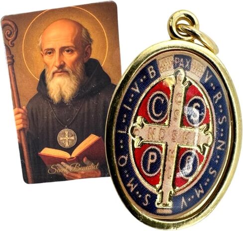 Westmon Works St Benedict Medal Set 7/8 Inch Italian Metal and Enamel Saint Medallion with USA Made Laminated Holy Card Protection from Evil Prayer Pack in Saudi Arabia