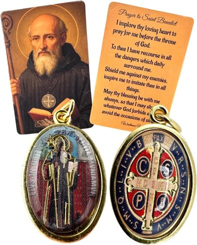 Westmon Works St Benedict Medal Set 7/8 Inch Italian Metal and Enamel Saint Medallion with USA Made Laminated Holy Card Protection from Evil Prayer Pack in Saudi Arabia
