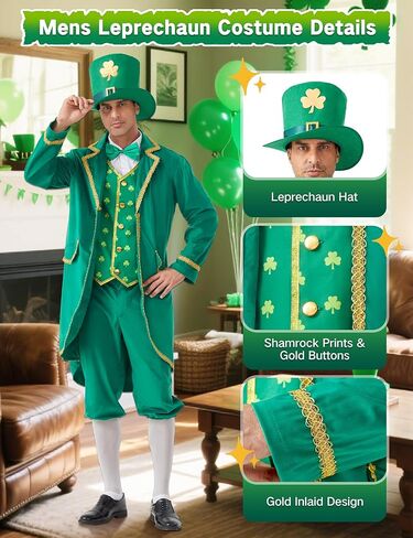 Leprechaun Costume for Men, Deluxe Men’s St Patricks Day Adult Outfit, St. Patrick’s Irish Green Lucky Cosplay Suit in Kuwait