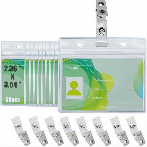 50 Pack Horizontal ID Badge Holders, 3.54x2.36 Inch Waterproof Resealable Name Tag Holders with Clips & Straps for Office, Nurse, Events in Saudi Arabia