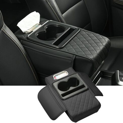 Arm Rest Cover for Car, Microfiber Leather Car Center Console Cover with 2 Storage Bags, 2 Cup Holders and a Tissue Box, Universal Car Console Covers Accessories, Black in Saudi Arabia
