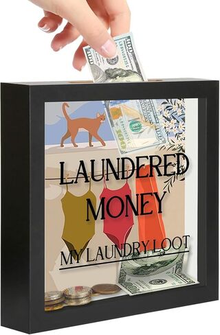 Laundry Room Shelf Decor, Photo Frame Change Jar with Money Slot, Funny Laundered Money Theme Design, Farmhouse Style Laundry Room Organization Accessories for Coin Storage, 8''x8'' (Black) in Saudi Arabia