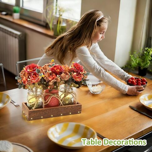 ديكور طاولة قطعة مركزية من جرة ميسون من هوميكور لغرفة الطعام - ديكورات طاولة مركزية لعيد الفصح في المزرعة مع صينية خشبية وأضواء LED للتحكم عن بعد لديكور طاولة القهوة وغرفة المعيشة المنزلية وحفلات الزفاف in Kuwait