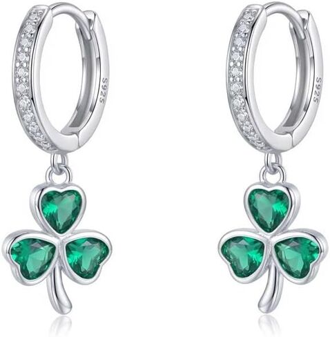 SLUYNZ 925 Sterling Silver CZ Love Clover Hoop Earrings for Women Teens Green Shamrock Huggie Earrings Drop St Patricks Day Earrings in Saudi Arabia