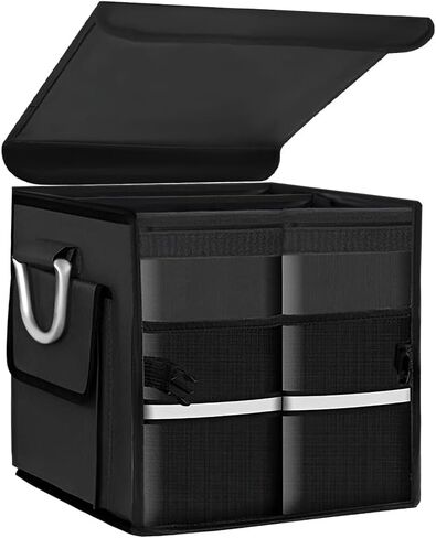 Trunk Organizer with Lid, 28L Collapsible 2-Compartment Car Storage Box with Reinforced Handles, Multipurpose Waterproof Oxford Storage Organizer for SUVs Sedans Trucks (Black) in Saudi Arabia