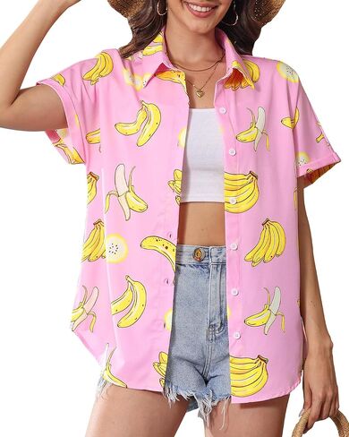 Hawaiian Shirts for Women Floral Summer Button Down Beach Blouse V Neck Batwing Short Sleeve Luau Aloha Party Tops in Saudi Arabia