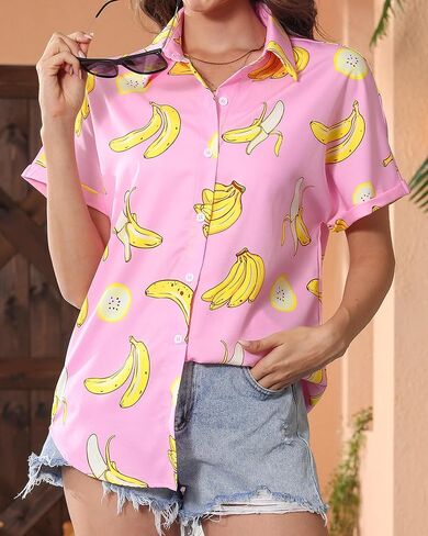 Hawaiian Shirts for Women Floral Summer Button Down Beach Blouse V Neck Batwing Short Sleeve Luau Aloha Party Tops in Saudi Arabia