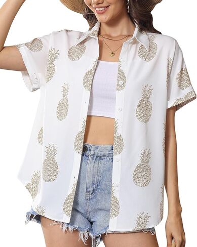 قمصان هاواي للنساء الأزهار الصيف زر أسفل بلوزة الشاطئ الخامس الرقبة Batwing قصيرة الأكمام Luau Aloha ملابس علوية للحفلات in Kuwait