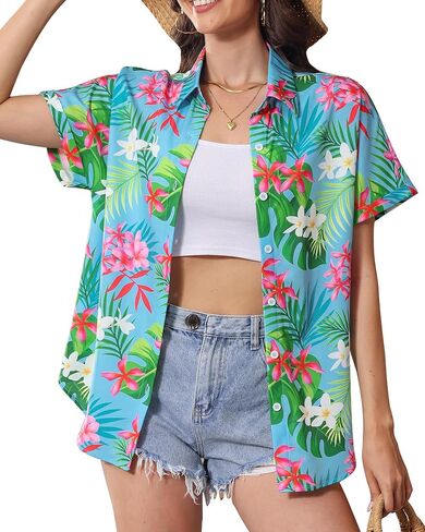 Hawaiian Shirts for Women Floral Summer Button Down Beach Blouse V Neck Batwing Short Sleeve Luau Aloha Party Tops in Saudi Arabia