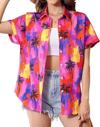 Hawaiian Shirts for Women Floral Summer Button Down Beach Blouse V Neck Batwing Short Sleeve Luau Aloha Party Tops in Saudi Arabia
