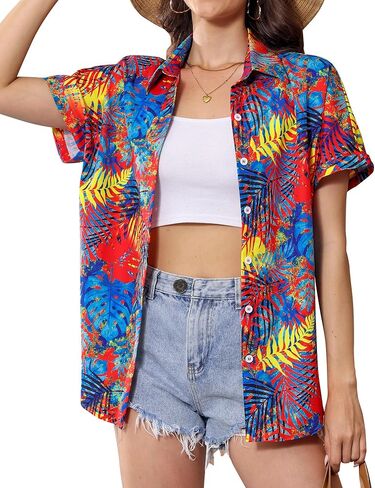 Hawaiian Shirts for Women Floral Summer Button Down Beach Blouse V Neck Batwing Short Sleeve Luau Aloha Party Tops in Saudi Arabia