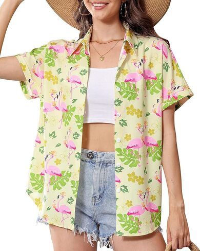 Hawaiian Shirts for Women Floral Summer Button Down Beach Blouse V Neck Batwing Short Sleeve Luau Aloha Party Tops in Saudi Arabia
