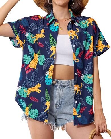 Hawaiian Shirts for Women Floral Summer Button Down Beach Blouse V Neck Batwing Short Sleeve Luau Aloha Party Tops in Saudi Arabia