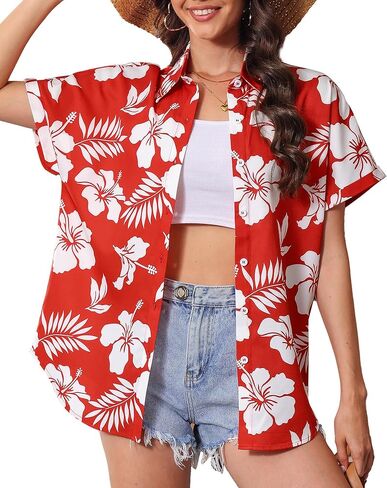 Hawaiian Shirts for Women Floral Summer Button Down Beach Blouse V Neck Batwing Short Sleeve Luau Aloha Party Tops in Saudi Arabia
