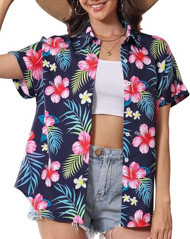 Hawaiian Shirts for Women Floral Summer Button Down Beach Blouse V Neck Batwing Short Sleeve Luau Aloha Party Tops in Saudi Arabia