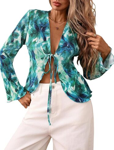 ZAFUL Women's Deep V Neck Tie Front Top Flare Sleeve Plisse Pleated Blouse Shirt Top Y2k Vintage Streetwear in Kuwait